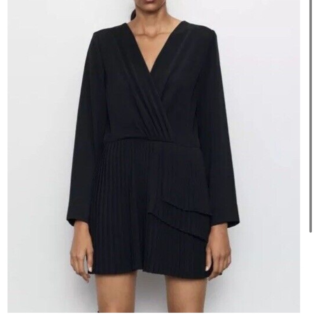 Zara‎ Black long sleeve faux wrap pleated romper